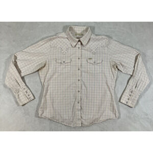 Rockies Western Shirt Womens XL White Gray Plaid Long Sleeve Button Down Rodeo